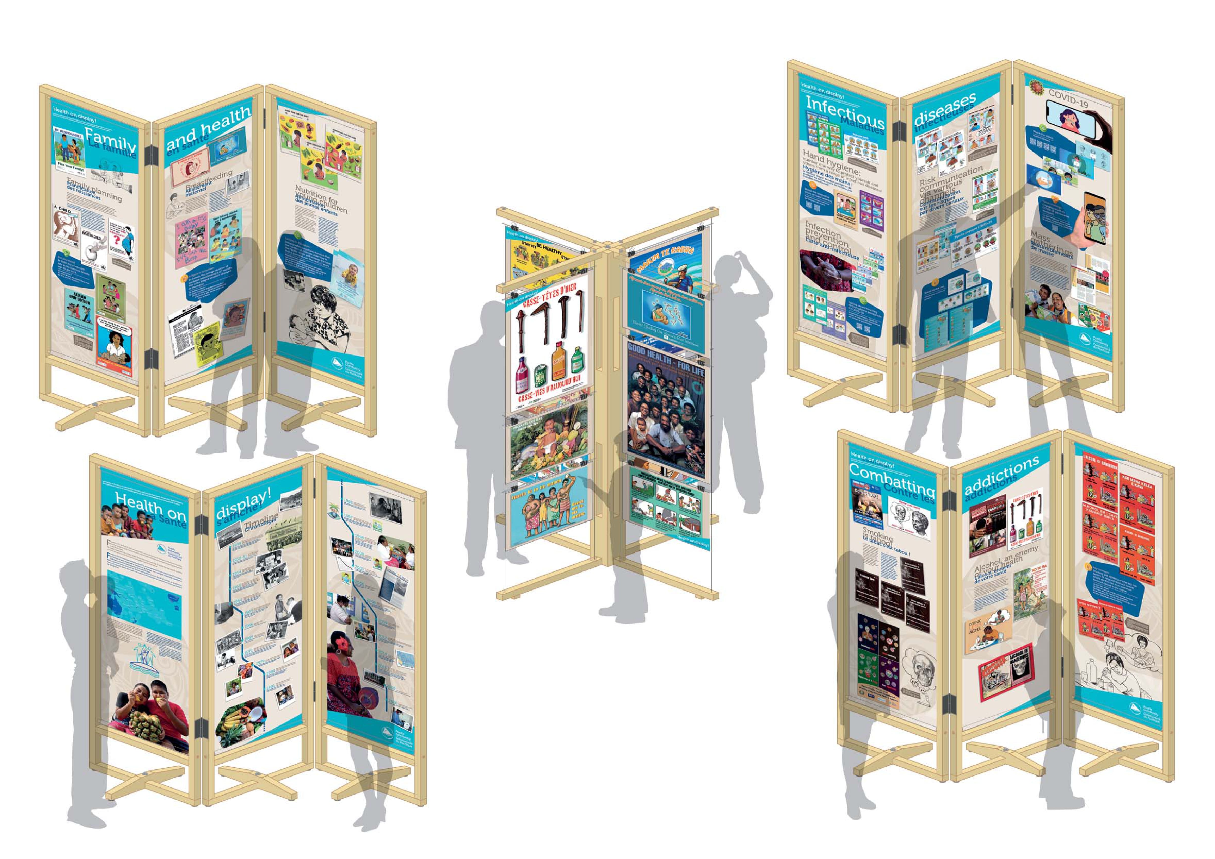 Simulation des quatres panneaux de l'exposition digitale